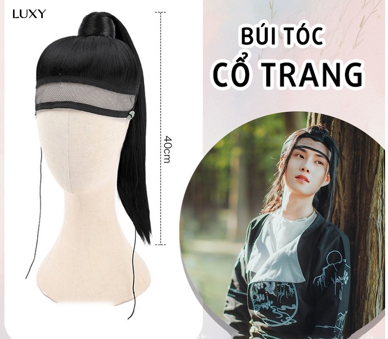 Tóc giả cổ trang kiếm hiệp kèm băng đô trán cột cao