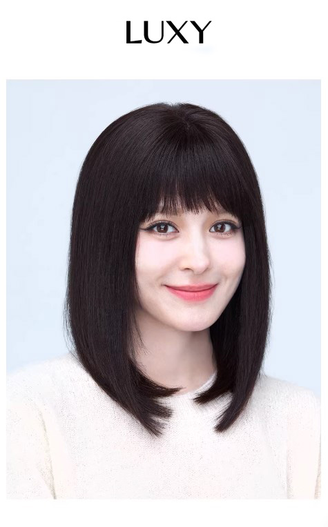 Tóc giả nữ LUXY dài vừa qua vai có mái móc tay thủ công có da đầu bằng tóc thật