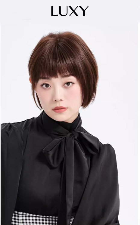 Tóc giả nữ ngắn kiểu bob có mái bằng tóc thật có da đầu