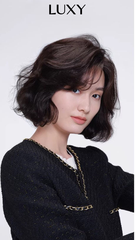 Tóc giả nữ nguyên đầu LUXY ngang cằm xoăn bồng mái bay bằng tóc thật có da đầu