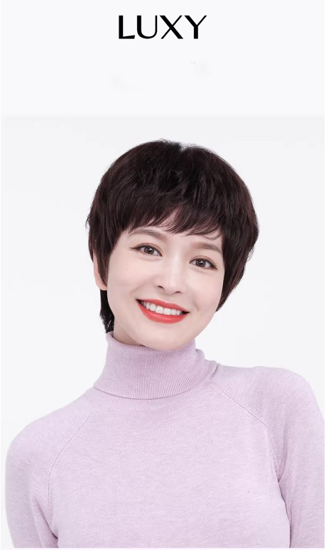 Tóc giả tém nữ LUXY xoăn trung niên bằng tóc thật tự nhiên